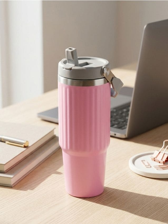 Sinsay - Cană termică cu mâner și pai - roz-pastel