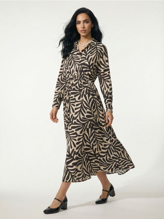 Sinsay - Rochie midi tip cămașă din viscoză cu imprimeu vegetal - multicolor