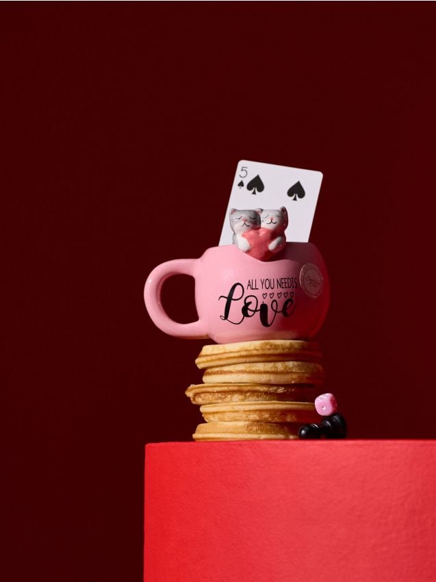 Sinsay - Cană ceramică de Valentine’s cu pisici și inscripție - roz-pudră