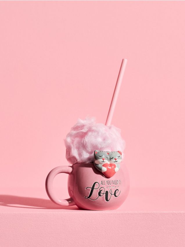 Sinsay - Cană ceramică de Valentine’s cu pisici și inscripție - roz-pudră