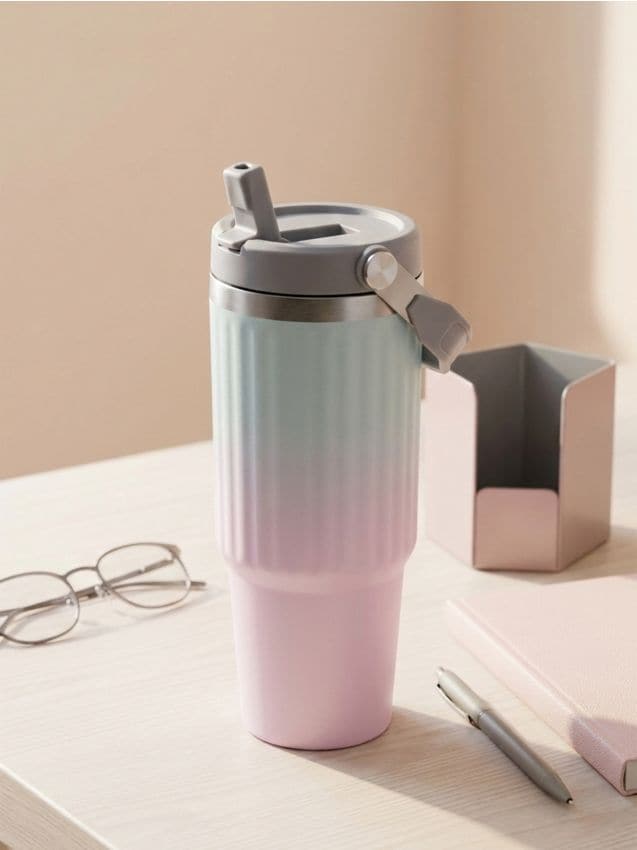 Sinsay - Cană termo cu mâner și pai cu efect ombre - roz
