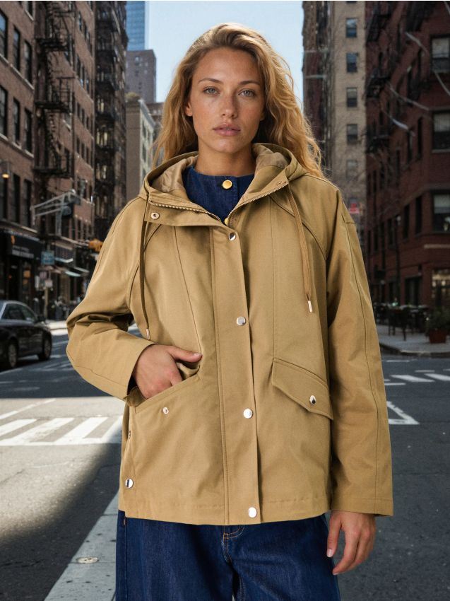 Sinsay - Parka scurtă cu glugă din twill - verde-deschis