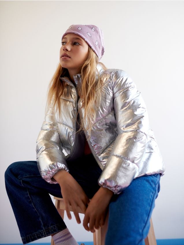 In The Mix Denim Shiny Puffer in Silver