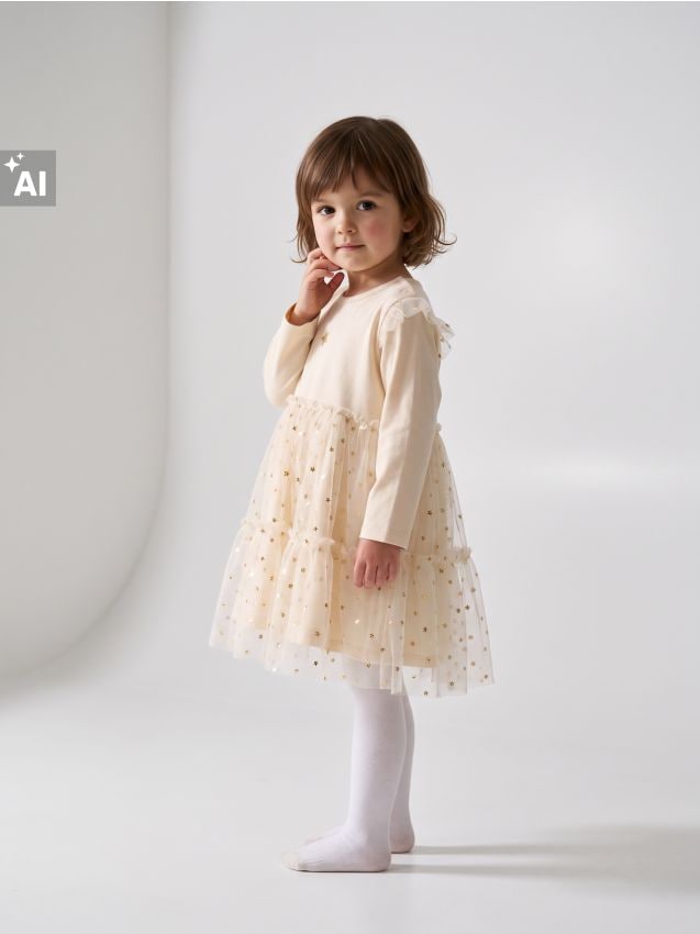 Sinsay - Rochie din bumbac cu tul și volane - crem