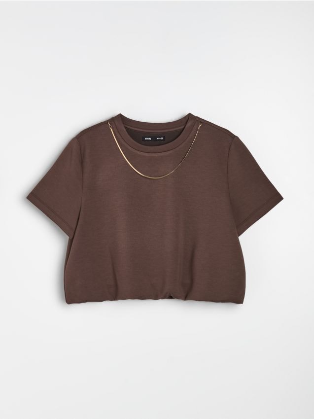 Blusa con viscosa con perle decorative sullo scollo - marrone