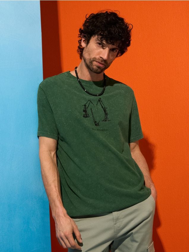 Sinsay - Tricou din bumbac cu efect de prespălare - verde