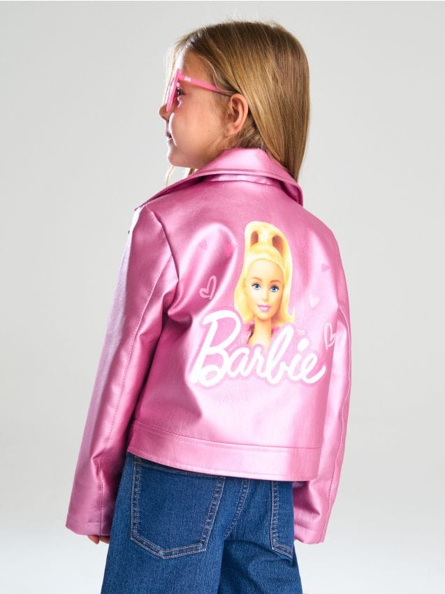 Sinsay - Błyszcząca ramoneska z nadrukiem na plecach Barbie - różowy