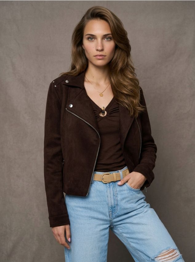 Sinsay - Geacă biker din imitație de velur cu ținte decorative - maro