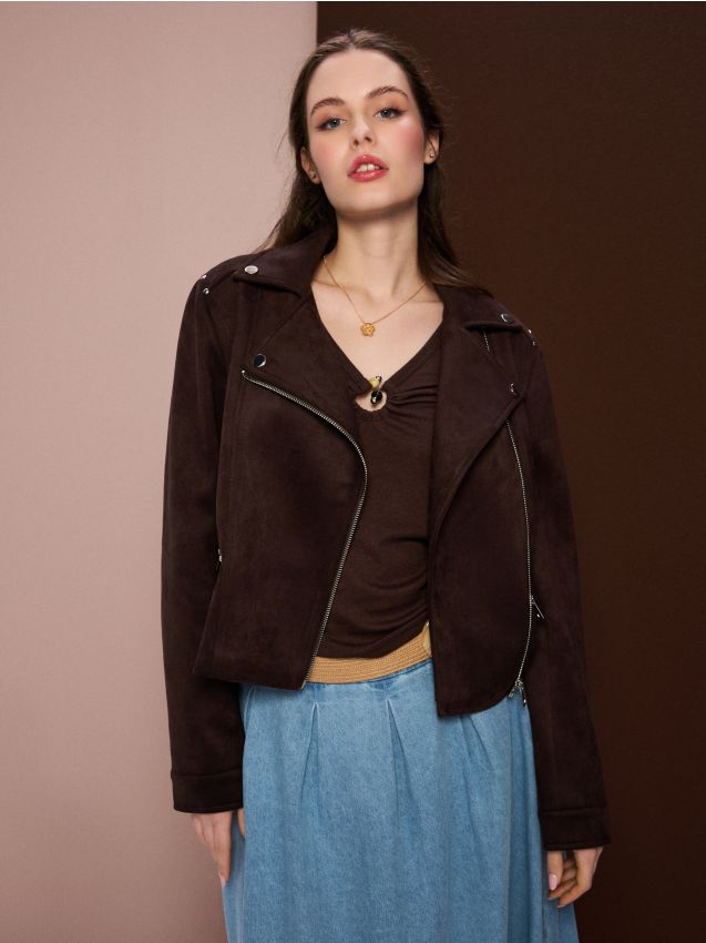 Sinsay - Geacă biker din imitație de velur cu ținte decorative - maro