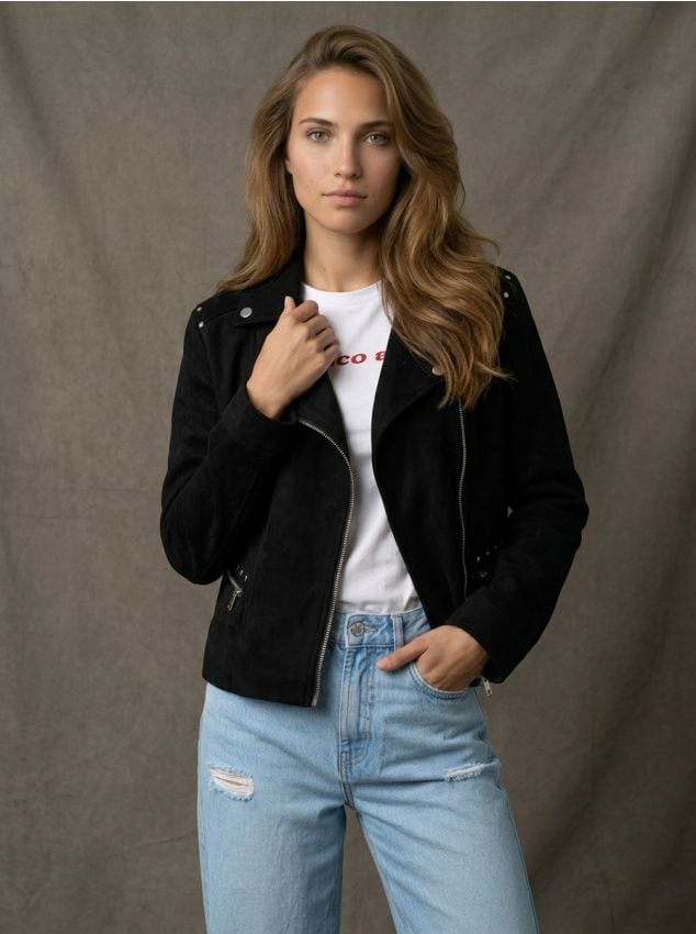 Sinsay - Geacă biker din imitație de velur cu ținte decorative - negru