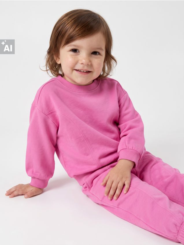 Sinsay - Set din bumbac: bluză crewneck și pantaloni jogger cu broderie - roz-aprins