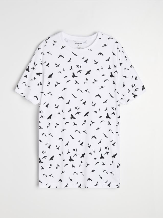 Sinsay - Tricou din bumbac cu model cu motiv de păsări - alb