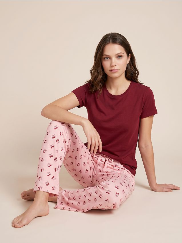 Sinsay - Pijama din bumbac din două piese cu motiv de cireșe - bordo