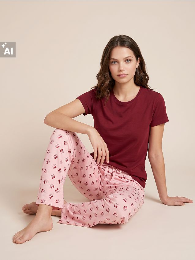 Sinsay - Pijama din bumbac din două piese cu motiv de cireșe - bordo
