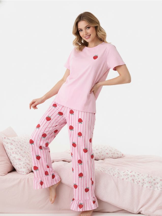 Sinsay - Pijamă din două piese cu motiv de căpșuni și volănaș - roz