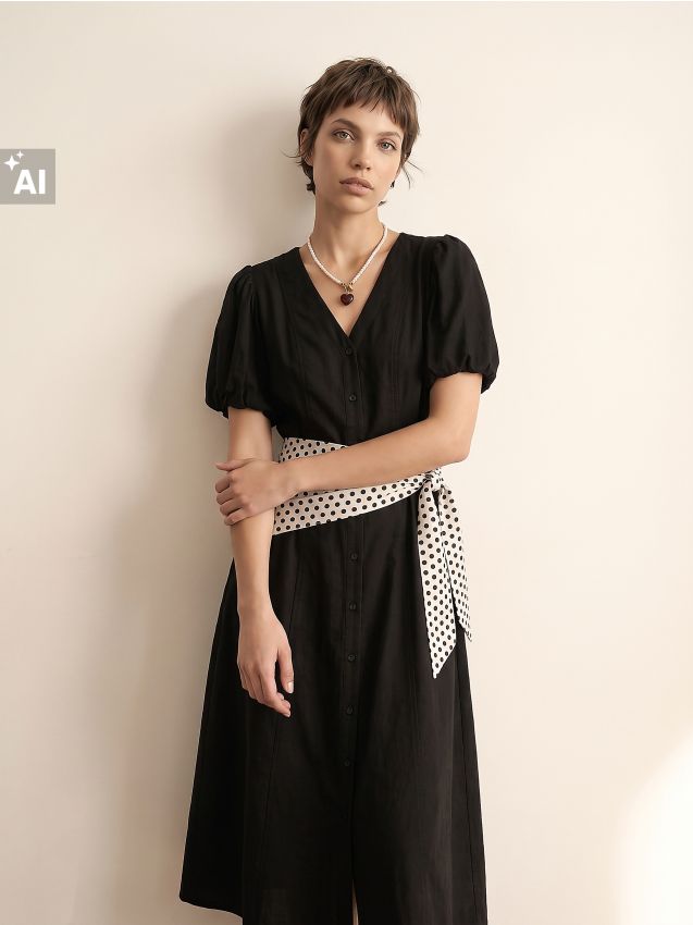 Sinsay - Rochie midi evazată cu viscoză și amestec de in - negru