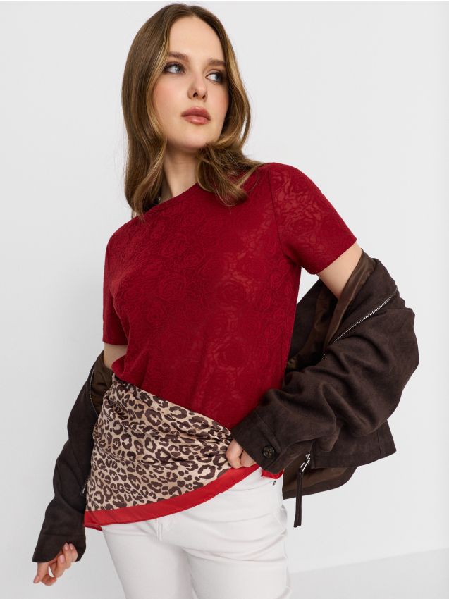 Sinsay - Tricou cu mânecă scurtă cu motiv floral - roșu-aprins