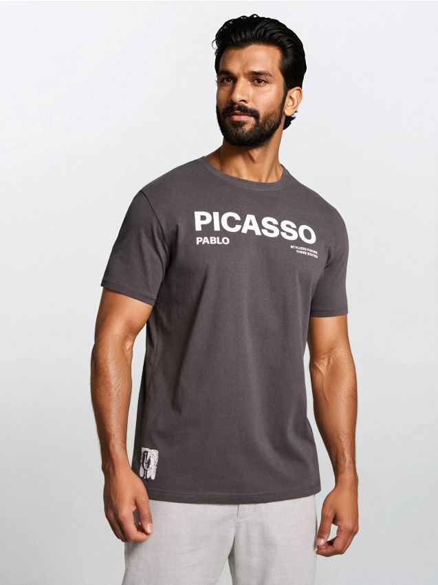 Sinsay - Tricou din bumbac cu inscripție Picasso - gri-închis