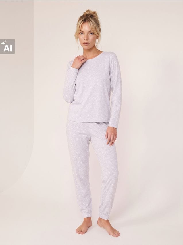 Sinsay - Pijama din două piese cu amestec de viscoză și motiv floral - gri deschis
