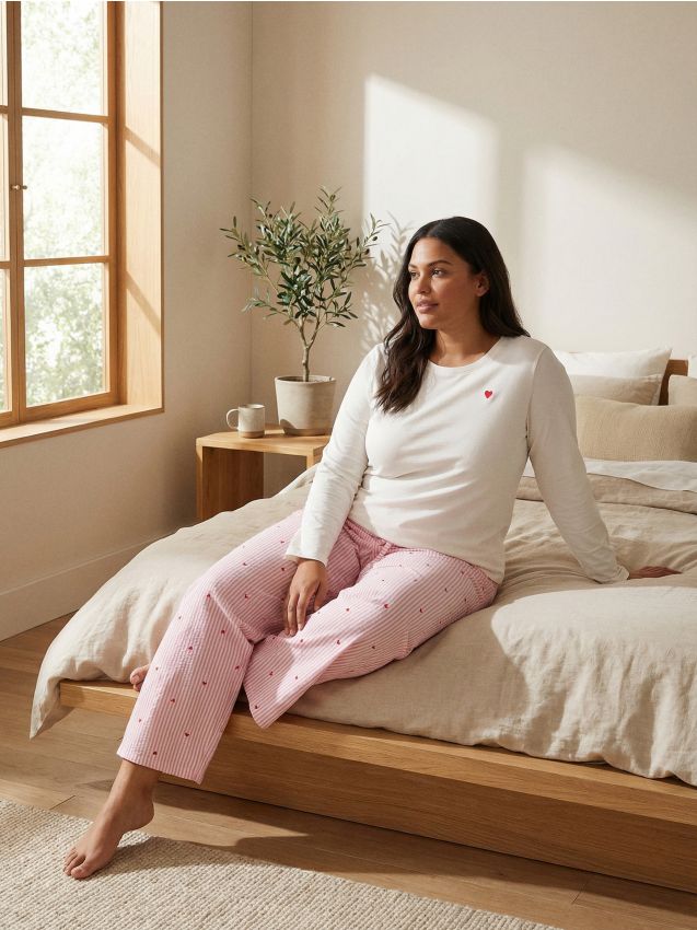 Sinsay - Pijama din bumbac în două piese cu imprimeu - crem