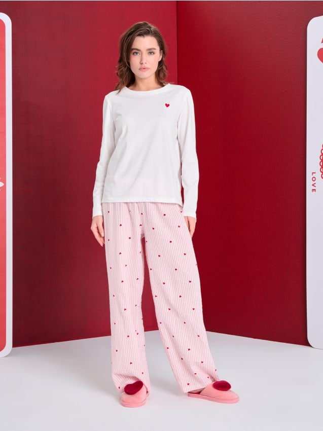 Sinsay - Pijama din bumbac în două piese cu imprimeu - crem