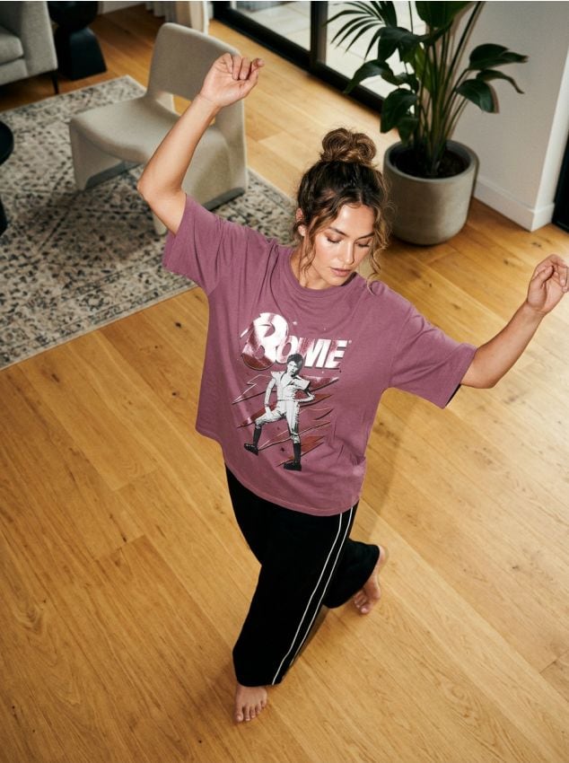 Sinsay - Tricou oversize din bumbac cu imprimeu David Bowie - mov