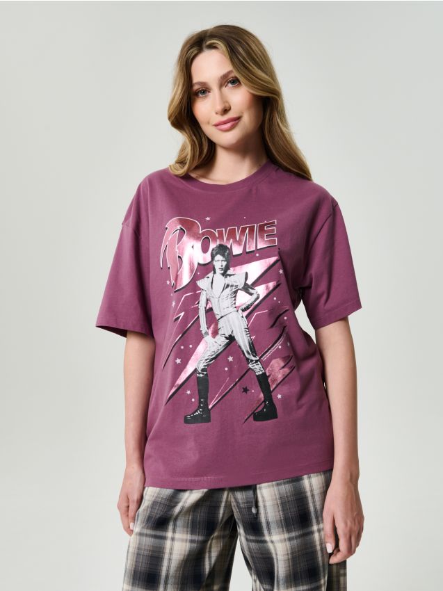 Sinsay - Bavlnené oversize tričko s potlačou David Bowie - lilavá