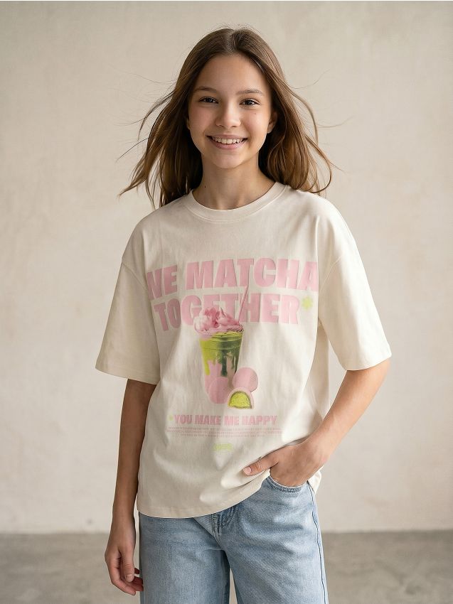 Sinsay - Tricou din bumbac cu imprimeu matcha - crem