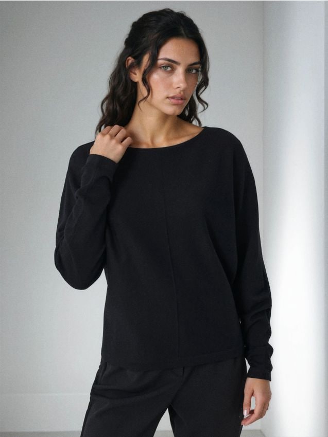 Sinsay - Pulover basic cu cusături decorative și vâscoză - negru