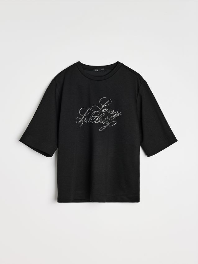 Sinsay - Tricou cu imprimeu din cristale, cu viscoză - negru