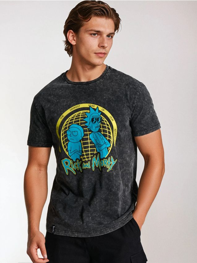 Sinsay - Tricou din bumbac cu efect de prespălare Rick and Morty - negru