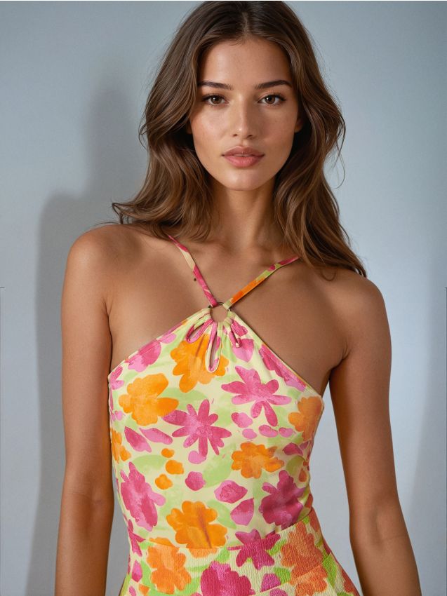 Body con spalline, arricciatura e anello decorativo - multicolor