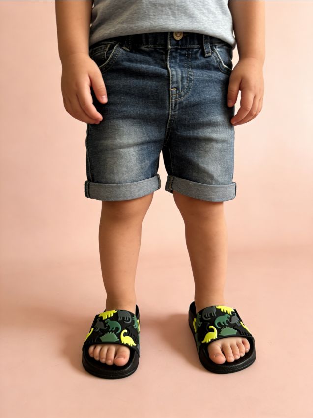 Sinsay - Papuci tip slide cu motiv dinozauri și elastic la călcâi - negru