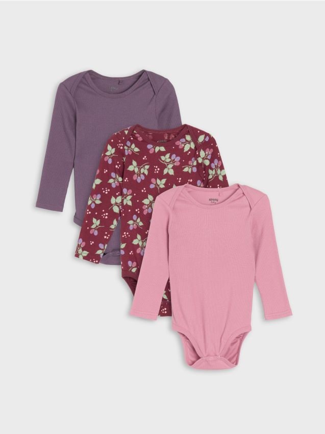 Sinsay - Body-uri din bumbac cu mânecă lungă și motiv floral 3 pack - bordo