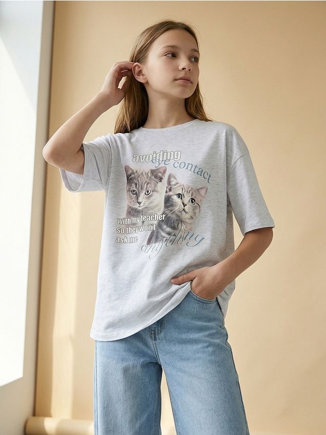 Sinsay - Tricou din bumbac cu motive de pisici - gri deschis