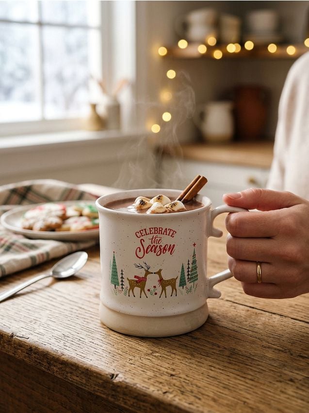 Sinsay - Cană de Crăciun cu motiv de reni și brazi - maro