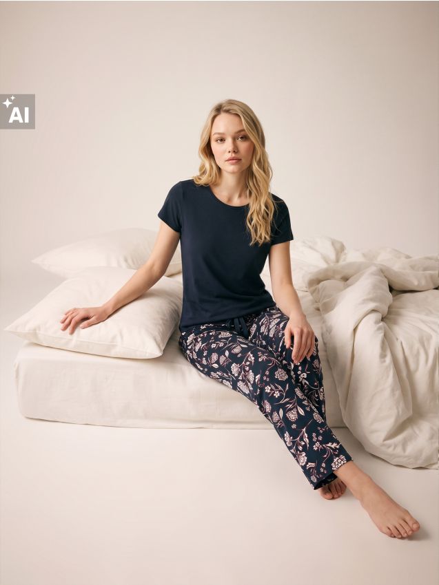 Sinsay - Pijama din bumbac din două piese cu motiv floral - bleumarin