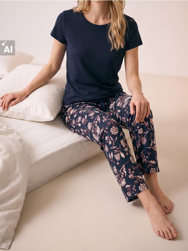 Sinsay - Pijama din bumbac din două piese cu motiv floral - bleumarin