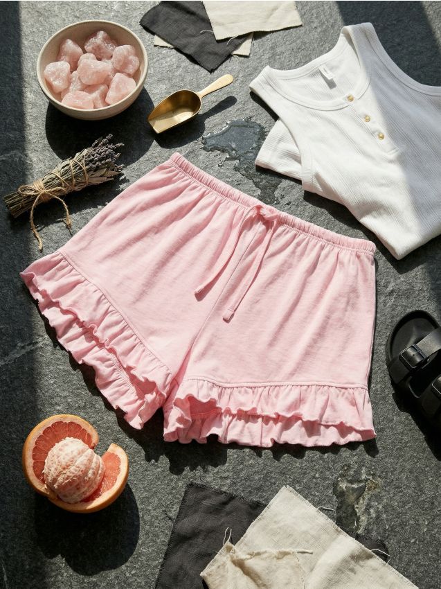 Sinsay - Bawełniane szorty piżamowe z falbanką - różowy