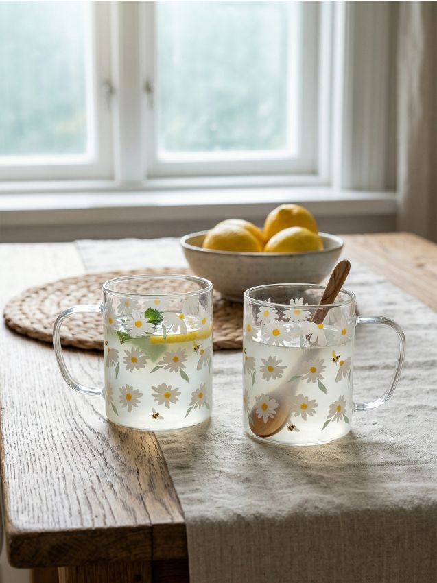 Tazze in vetro con motivo margherite 2 pack - bianco