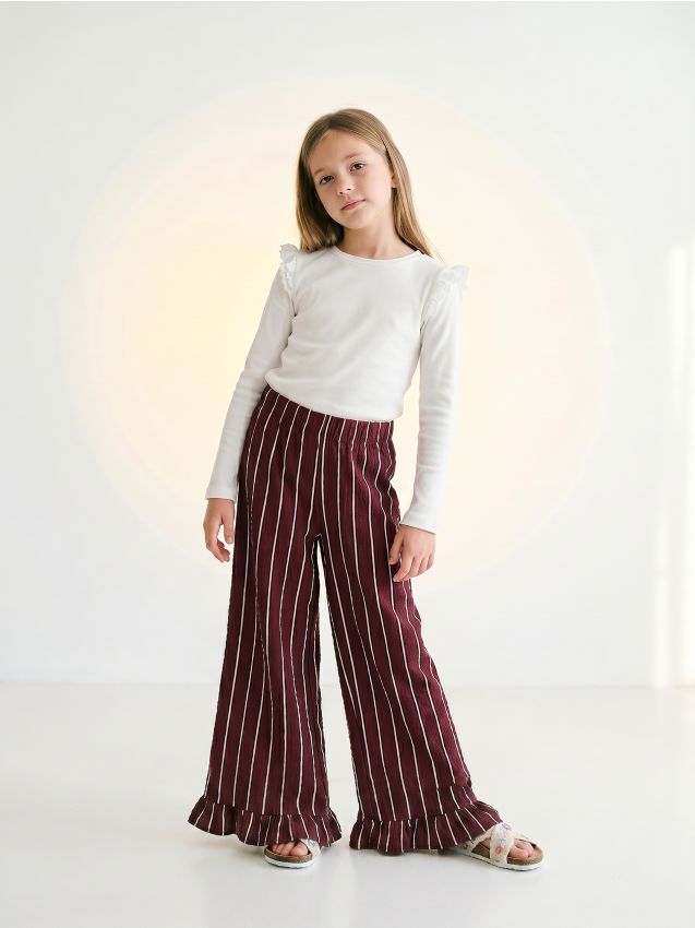 Sinsay - Pantaloni din bumbac wide leg cu dungi - mahon