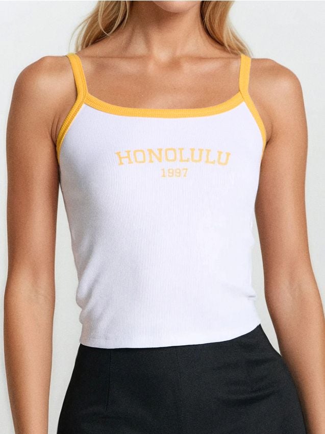 Sinsay - Bawełniany crop top z napisem Honolulu - biały