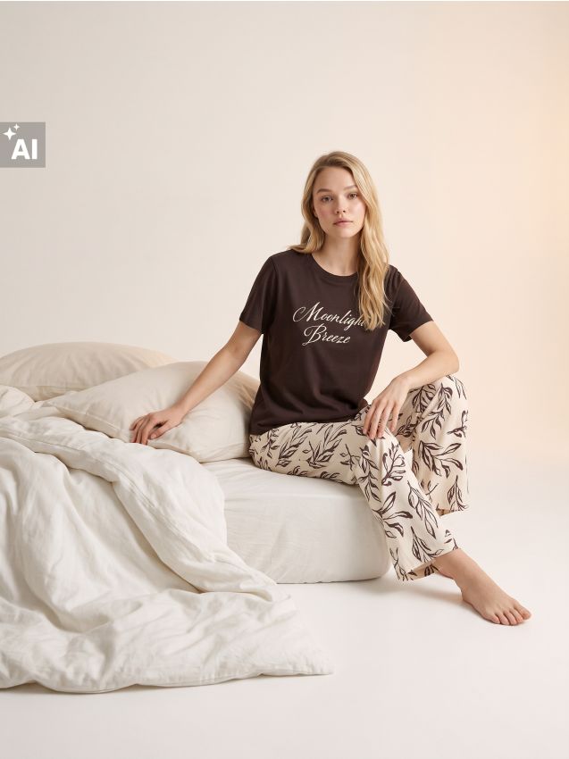 Sinsay - Pijama din bumbac din două piese cu motiv vegetal - negru
