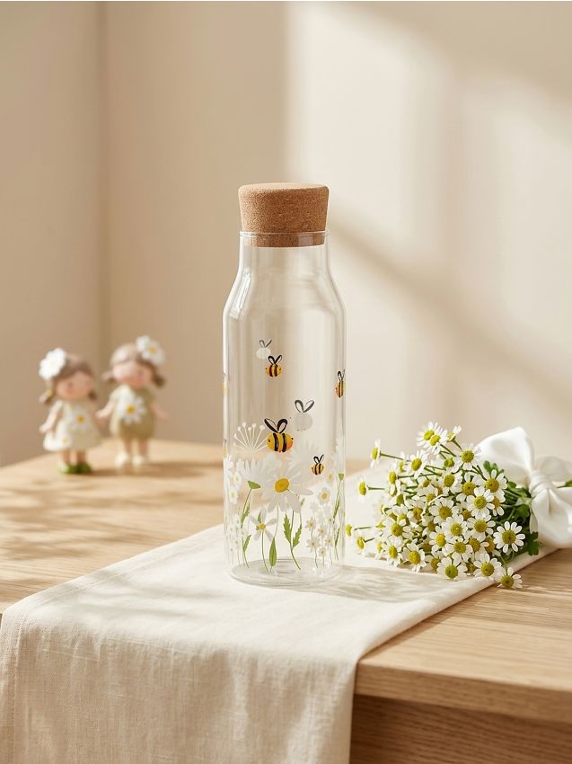 Sinsay - Carafă din sticlă cu dop din plută cu model floral și albine - multicolor