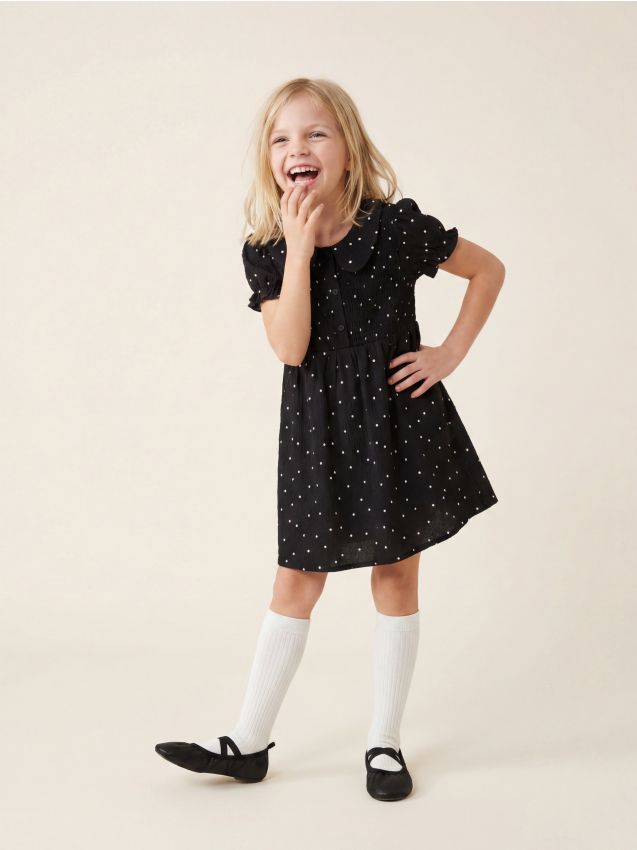Sinsay - Rochie babydoll cu buline și guler decorativ - negru