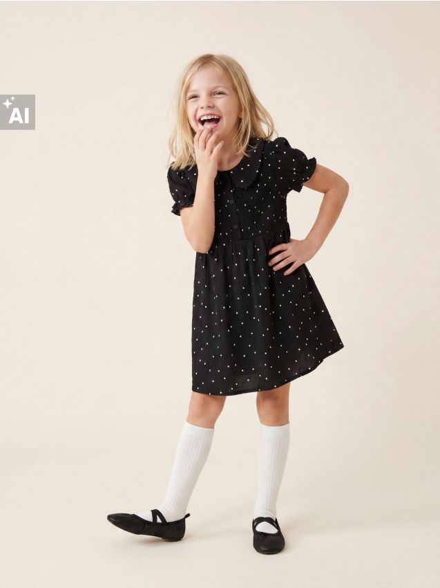 Sinsay - Rochie babydoll cu buline și guler decorativ - negru