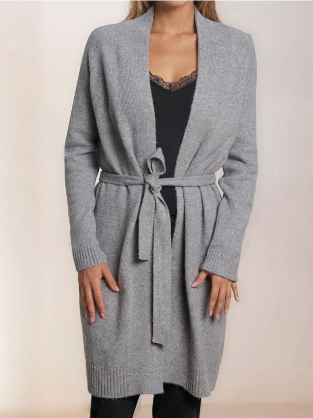 Sinsay - Dlhý kardigán s opaskom - svetlošedá