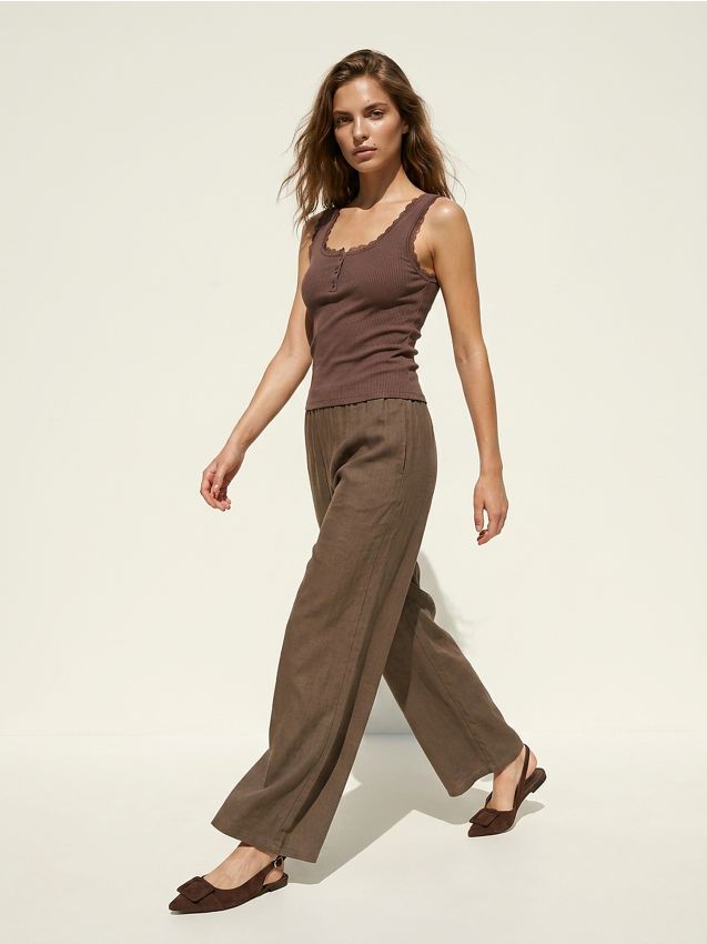 Top in maglia con misto viscosa e pizzo - marrone
