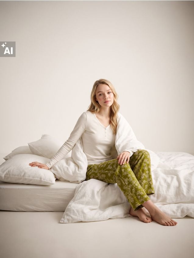 Sinsay - Pijama din bumbac din două piese cu motiv vegetal - crem