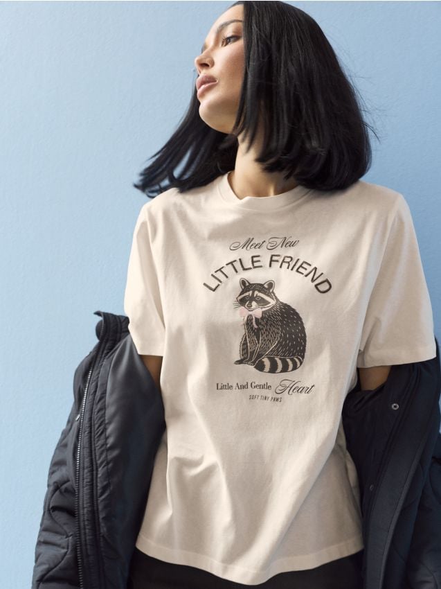 Sinsay - Tricou din bumbac cu motiv raton - nude